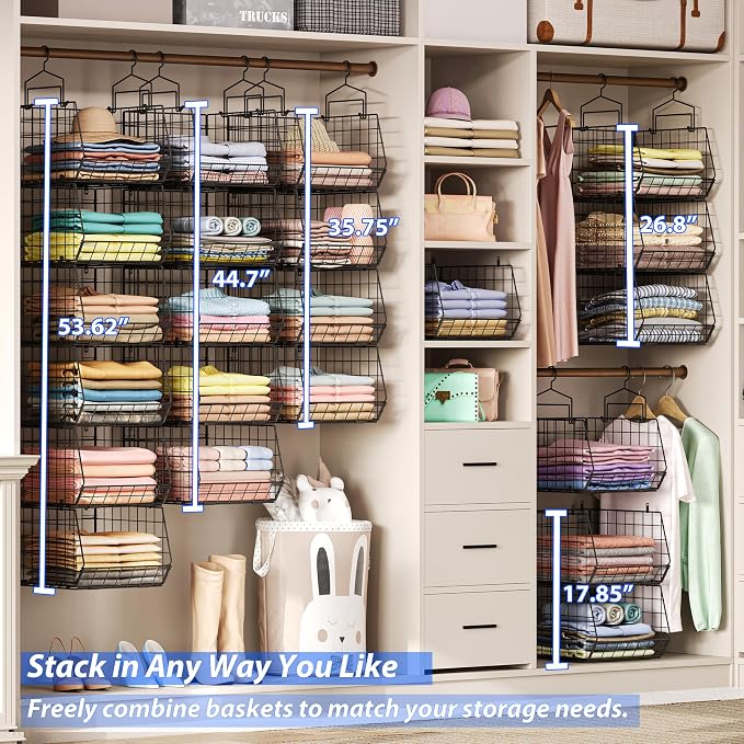 6-Tier Extended Depth Hanging Closet Organizers and Storage for Closet Organization, Stackable Hanging Shelves with Hooks for Clothes Sweaters Towels Purses, Fits Closet Shelves & Wire Metal Shelving - Image 6