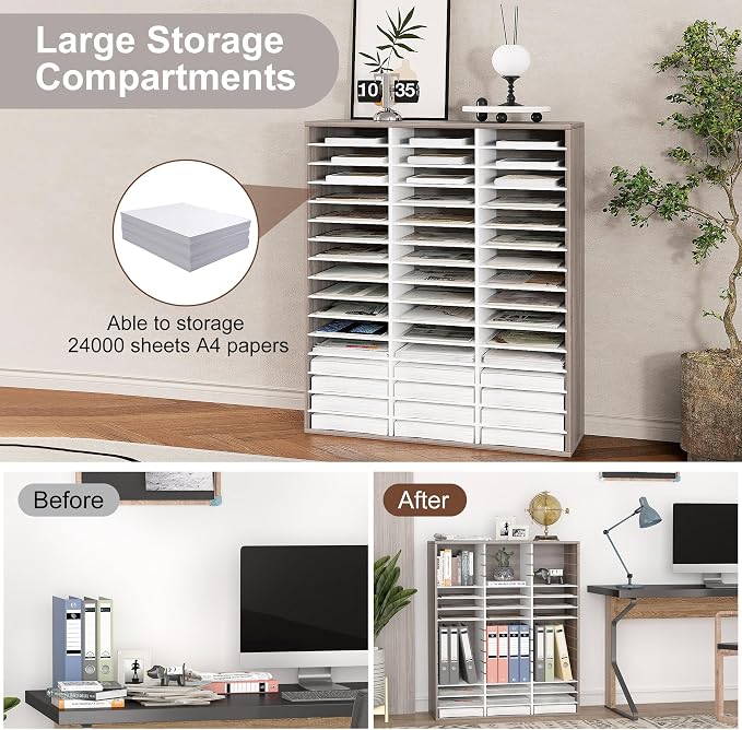 EasyPAG Wooden Literature Organizer with Adjustable Shelves, 48 Compartments Office Paper Organizer Storage 24000 Sheets Letter Size Paper, Student Mailbox for Classroom, Retro Gray/White - Image 5