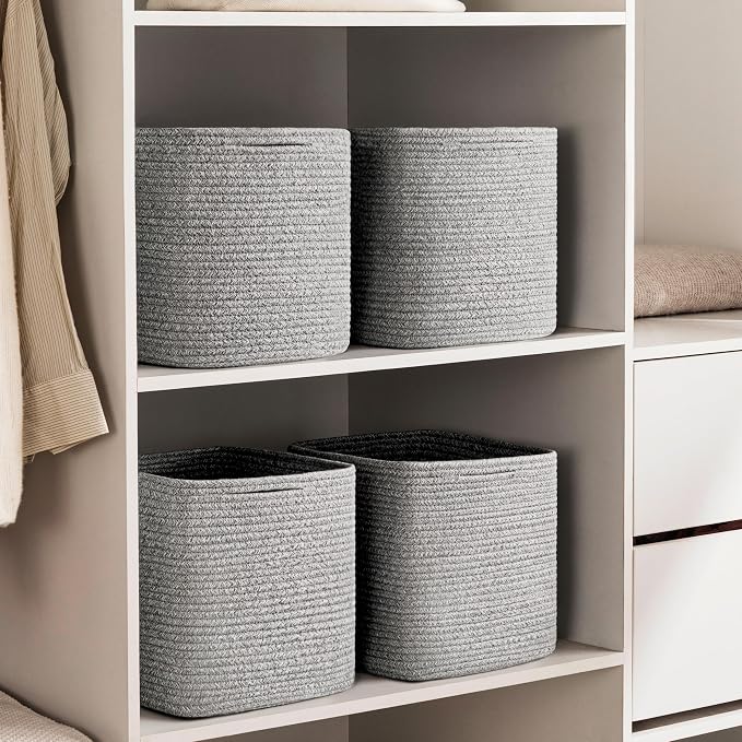 joybest 11inch Cube Storage Bins, Cotton Rope Woven Organizer Basket | Set of 4 Cube Bin Square Shelves Organizer Closet Storage, Nursery, Toy Organization, Grey - Image 6