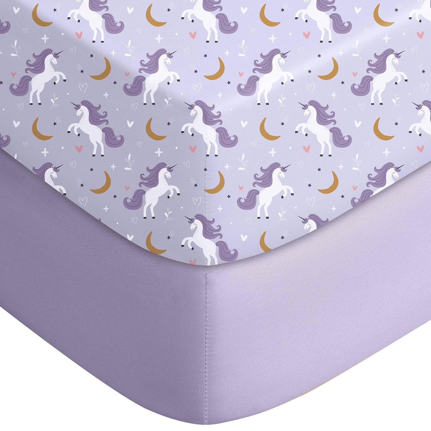 Yoofoss Pack and Play Sheets Fitted, Mini Crib Sheets 2-Pack for Pack N Play Mattress, Stretchy Playard Sheet, Soft and Breathable (Purple+Unicorn)