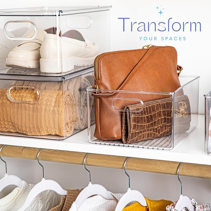 Plastic Food Storage 4 Pack Clear Container Bin with Handles for Organizing Kitchen, Pantry, Refrigerator, Freezer, Pantry, Cabinet, Closet, Bathroom 10”x8”x5” - Image 2