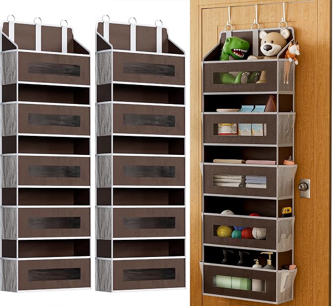 2 Pack 5 Tier Over The Door Organizer Space-Saving Storage for Any Room | Brown Hanging Closet Organizer with 10 Mesh Pockets and Clear Windows, Closet Organizers and Storage for Bathroom, Bedroom by Unknown