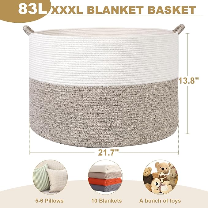 XXXL Large Blanket Basket for Living Room, 21.7" x 13.8" Woven Cotton Rope Laundry Hamper for Pillows, Towels & Toy Storage - Decorative Round Storage Basket with Handles for Nursery, Baby & Dog Toys - Image 3