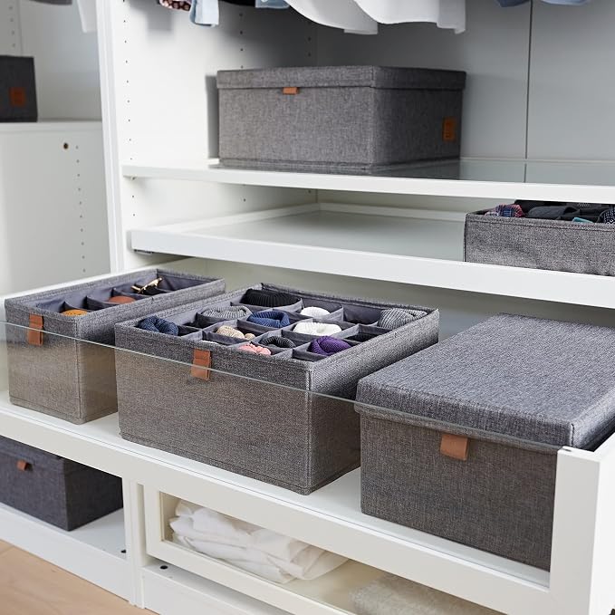 LOVE IT STORE IT Premium Drawer Organiser System, 2-Piece Linen Wardrobe Organiser, Reinforced, 16 Compartments for Socks, Underwear, Grey, 30 x 30 x 15 cm - Image 6