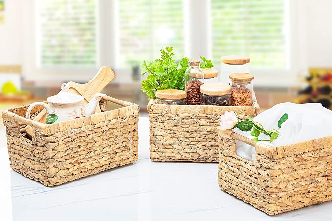 Natural Water Hyacinth storage basket with Handle, Rectangular Organizing Basket for Organizing, Decorative Wicker Storage Bins for Living Room, Medium Wicker Baskets - 3 Pack Medium - Image 9