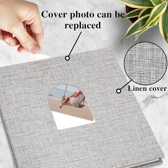 Vienrose Self Adhesive Photo Album Arch Window Scrapbook 120 Pages Gray | Linen Cover, 12.6x12.99 Inch, Memory Book, Blank Inner Page, Three Metallic Pens - Image 3