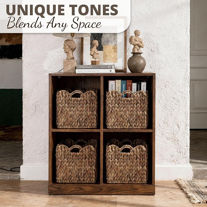 Set of 4 Foldable Scalloped Wicker Storage Cubes Basket, Storage Cube Bins -12"x12"x12", Collapsible Cube Organizers, Water Hyacinth Woven Bins for Bathroom, Bedroom, Shelves,...(Espresso Color) - Image 4