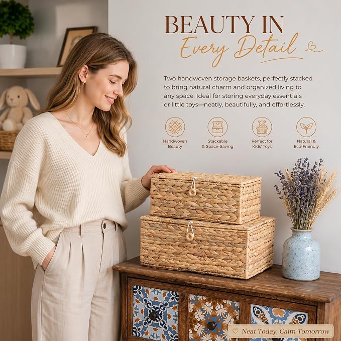 LUSYDECO Set of 3 Wicker Storage Baskets with Lid, Large Rectangular Rattan Basket Decorative Boxes, Natural Water Hyacinth Wicker Basket for Shelf Organizer, Nursery Room - Image 2