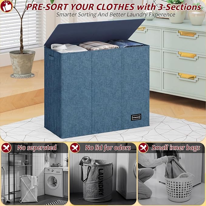 195L Laundry Hamper 3 Section,Large Laundry Hamper with Lid,Dirty Clothes Hamper with 3 Inner Bags,Collapsible Laundry Basket Organizer for Laundry Room,Bedroom,Laundry Sorter Hamper 3 Compartment - Image 3