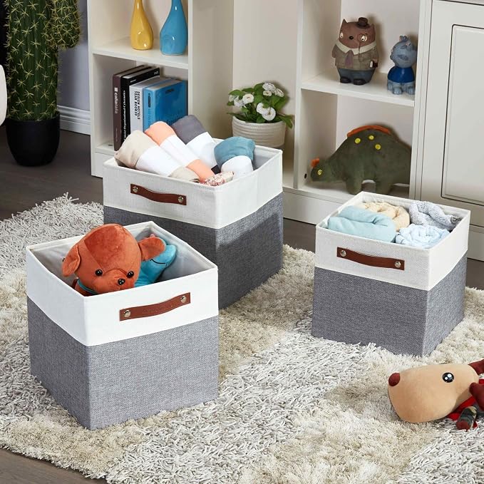 DECOMOMO Fabric Cube Storage Bins, Storage Baskets for Shelves 4 Pack | 12 inch Cube Storage Organizer for Kallax and Cubbies (Grey & White) - Image 3