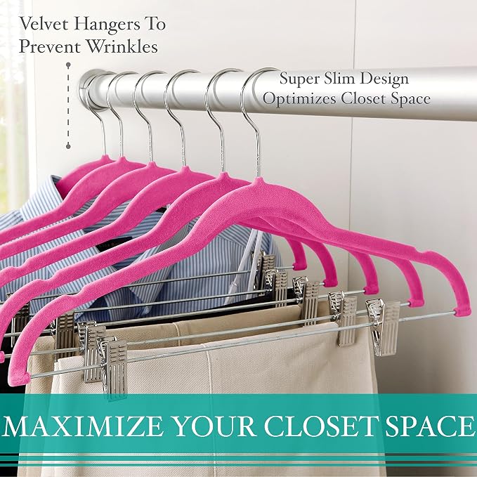 Simplify 6 Pack Slim Velvet Hangers with Skirt or Pant Clips, Space Saver, Prevent Garment Creases, Swivel Neck, Durable, Fuchsia - Image 4