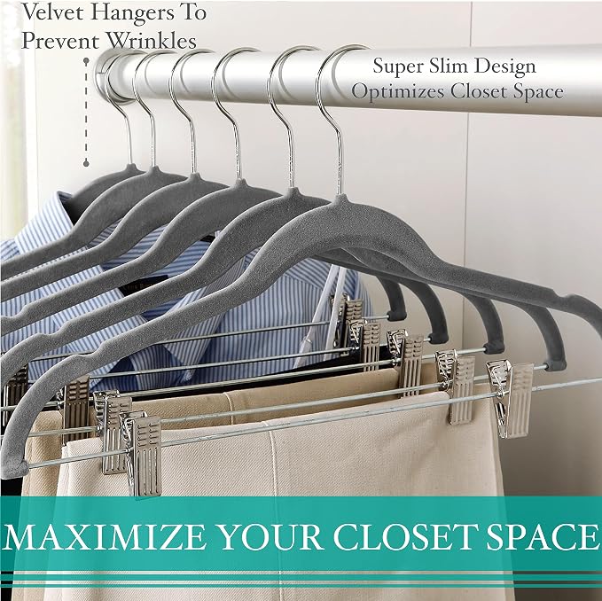 Simplify 24 Pack Velvet Hangers with Clips | Skirt and Pants | Slim Space Saving | Closet Organization | Non-Slip | Prevent Creases | Swivel Neck | Durable | Grey - Image 4