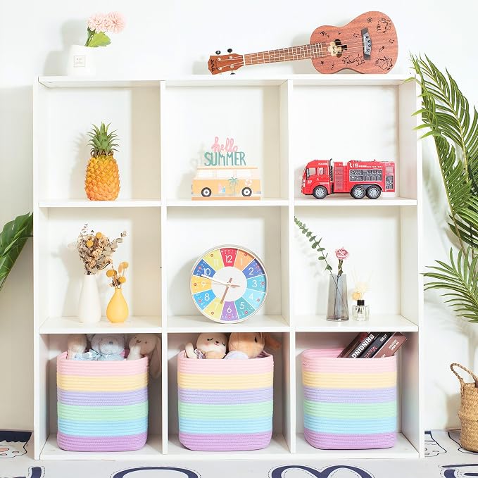 3-Pack 11x11in Woven Cube Storage Bin and Shelf Baskets, Cute Decorative Square Organizer for Closet, Classroom, Bathroom, Dog and Cat Toys, and Books, Pastel Rainbow - Image 2