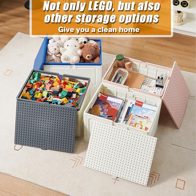 BOSEDSANG Folding Storage Box with Large Building Lid for Duplo Blocks, 28L Collapsible Storage Bin with Back Drawing Board, 29 Qt. Container Storage -1 Pack- Blue - Image 5