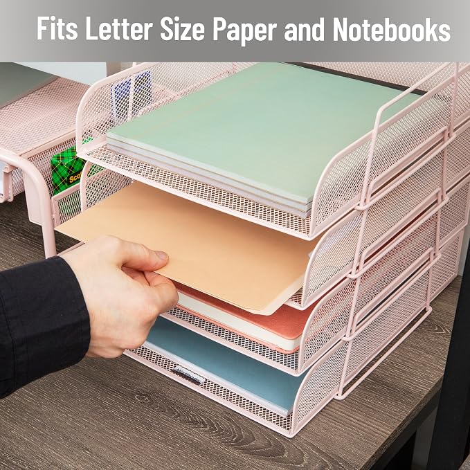 Mind Reader Stackable Paper Tray, Desktop Organizer, File Storage, Office, Metal Mesh, 10.5" L x 13.5" W x 11.25" H, 4 Pcs., Pink - Image 6