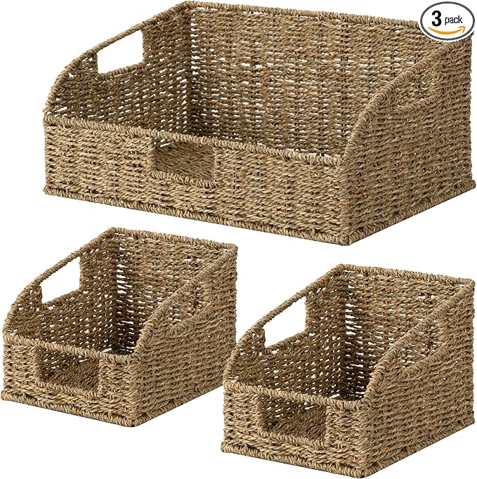 StorageWorks Seagrass Storage Baskets, Pantry Organizers and Storage,3-Pack | Pantry Storage Baskets, Wicker Baskets with Built-in Handles, Handwoven Shelf Baskets for Organizing, Pantry Organization by StorageWorks