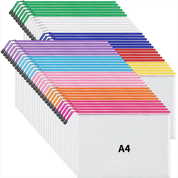 JARLINK A4 Mesh Zipper Pouch Bags, 56 Pcs Waterproof Zipper Pouch Bags | Multi-use Mesh Bags for Board Games & Puzzles, Office School Supplies, Toys, Cosmetics Travel Storage, 10 Colors, Lettle Size by JARLINK