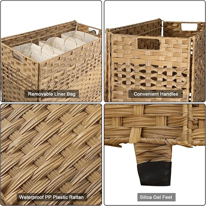 OIAHOMY Laundry Hamper with Lid, 140L Clothes Hamper with 3 Removable Liner Bags, Foldable Basket with Lid, Synthetic Wicker Laundry Basket for Bedroom, 27x 13 x 26 Inches, Yellow - Image 4