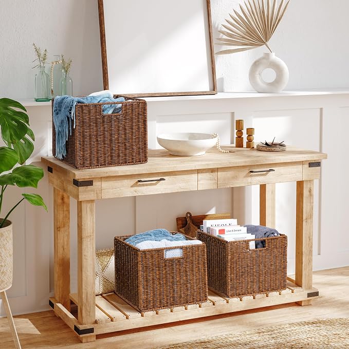 Wicker Storage Basket - Large 12x12x10in Cube, Woven Wicker for Shelves, Pantry, Kitchen & Bathroom Organization (Brown) - Image 2