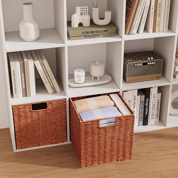 Wicker Storage Basket, Set of 2 Hand-Woven Paper Rope Wicker Basket, Foldable Cube Storage Bins, Square Large Storage Baskets for Organizing Shelves & Decor, Orange (13″×13″×13″) - Image 6
