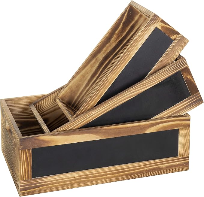MyGift Rustic Burnt Wood Nesting Storage Bins with Chalkboard Panel and Cutout Handles, Decorative Farmhouse Wooden Stackable Open Top Boxes, 3 Piece Set - Image 5