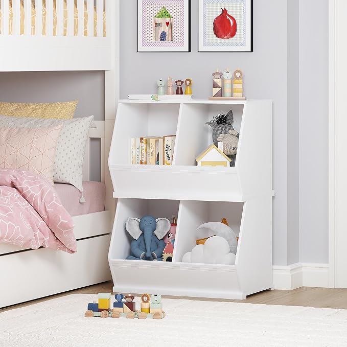 UTEX Stackable Kids Toy Storage Cabinet, Toy Organizer Bin, Cubby Toy Shelf | DIY Play Space, Slanted Front Panel, Toddler Toy Storage, Playroom, Toy Room, Living Room, Nursery, Gift, White, 2 Cubby - Image 3