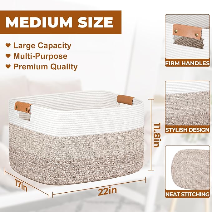 Blanket Basket, 72L Woven Storage basket with Leather Handle, Eco-friendly Decorative Storage Organization in Bathroom & Living Room for Towels 22 ''*17 ''*11.8 '', Gradient Brown - Image 2