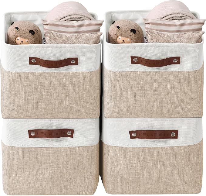 DECOMOMO Storage Bins, Large Fabric Storage Baskets for Shelves 4 Pack | 15 x 11 x 9.5 inches Decorative Linen Closet Organizers (Beige & White) by DECOMOMO