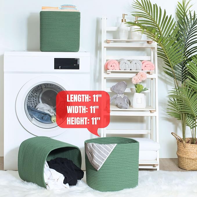 3-Pack 11x11 Inch Cube Storage Bin, Woven Storage Cube Organizer, Closet Organizer, Cute Square Storage Bins, Decorative Classroom Bathroom Pantry and Shelf Baskets, Green - Image 7