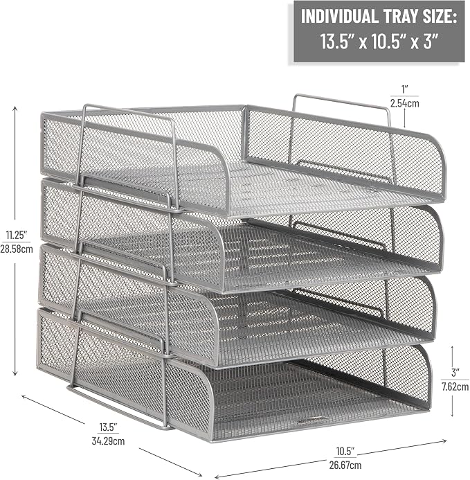 Mind Reader Stackable Paper Tray, Desktop Organizer, File Storage, Office, Metal Mesh, 10.5" L x 13.5" W x 11.25" H, 4 Pcs., Silver - Image 3