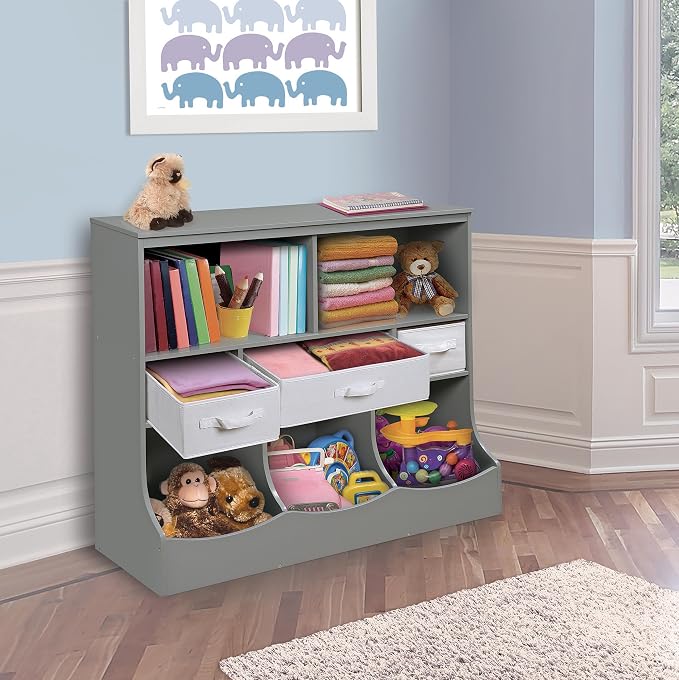 Badger Basket Combo Toy Storage Organizer and Bookshelf - Kids Storage Unit with 3 Removable Baskets, Open Shelves, Top Display Surface - Gray Cloud - Image 5