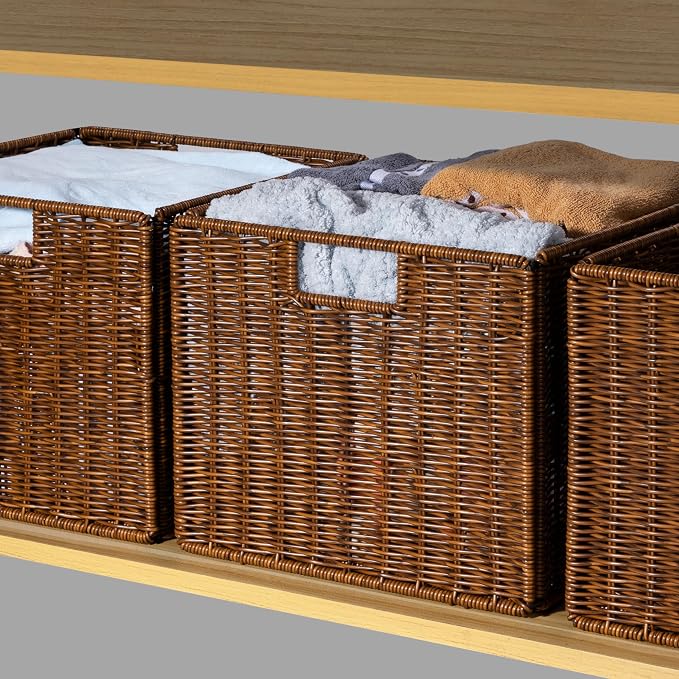 Wicker Storage Basket - Large 12x12x10in Cube, Woven Wicker for Shelves, Pantry, Kitchen & Bathroom Organization (Brown) - Image 6