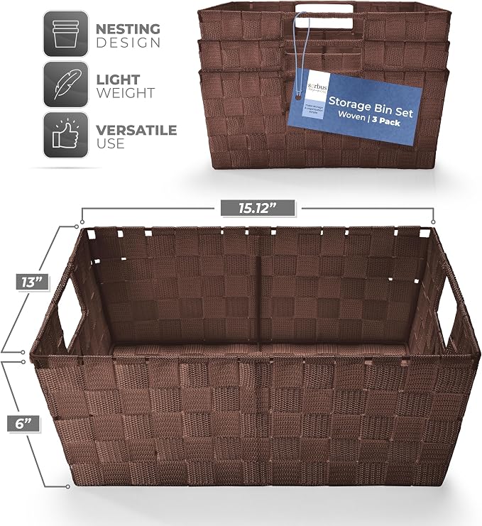Sorbus Set of 3 Large Woven Storage Baskets – Mesh Hand-Woven Baskets for Organizing, Fabric Storage Bins for Linen Closet Organizer, Storage Baskets for Shelves and Home Organization (Chocolate) - Image 2