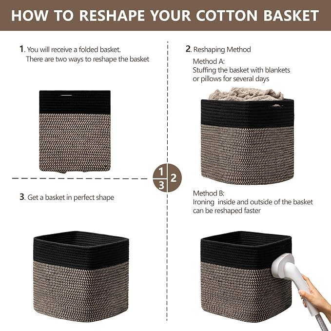 joybest 13inch Cube Storage Bins, Cotton Rope Woven Organizer Basket | Set of 4 Cube Bin Square Shelves Organizer Closet Storage, Nursery, Toy Organization, Black&Dark Brown - Image 7