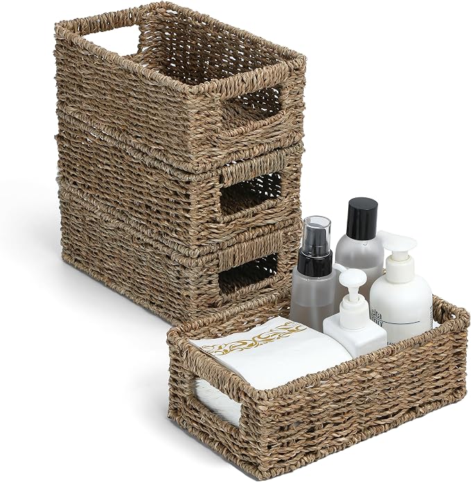 4 Small 3.6 QT Seagrass Wicker Baskets for Shelves, 10" Long Woven Pantry Organizers and Storage Basket, Decorative Ratten Shallow Rectangle Baskets for Organizing Countertop Kitchen by Tadacumir