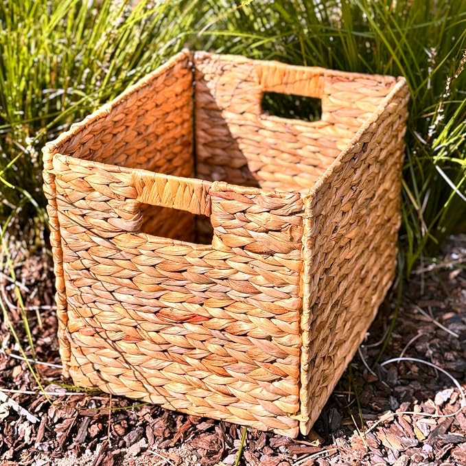 4 Hand-Woven Wicker Storage Baskets 13x11x11in, Water Hyacinth Shelf Bins | ECO-FRIENDLY & SUSTAINABLE - Image 6