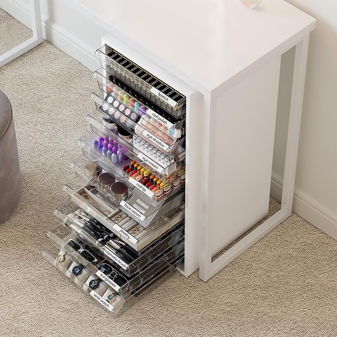 Storage Drawer Cart, Mobile Storage Cabinet, Makeup Storage with 10 Large Clear Drawers, Utility Wooden Rolling Cart on Wheels, for Cosmetic, Art Craft, Office Supplies, Toy, White - Image 9
