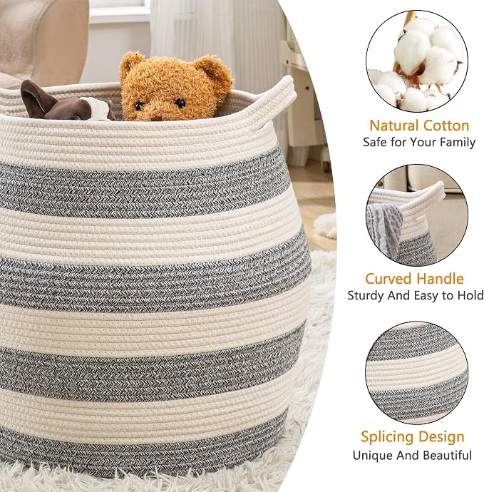 KAKAMAY Woven Baskets for Storage(17"x17"),Large Cotton Rope Basket Woven Baby Laundry Hamper,Collapsible Laundry Basket, Blanket Basket for Organizing Living Room,Nursery,Pillows,Toy Chest(Grey) - Image 2
