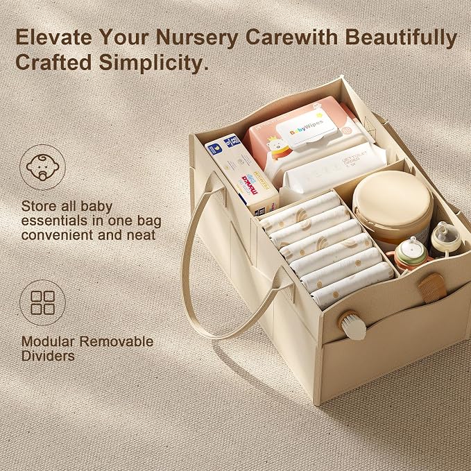 Baby Diaper Caddy Organizer Cart with Detachable Dividers, 3 Tier Metal Bedside Storage Rolling Cart with Wheels for Nursery, Postpartum Cart and Organizers for Newborn Essentials & Supplies (Oatmeal) - Image 5