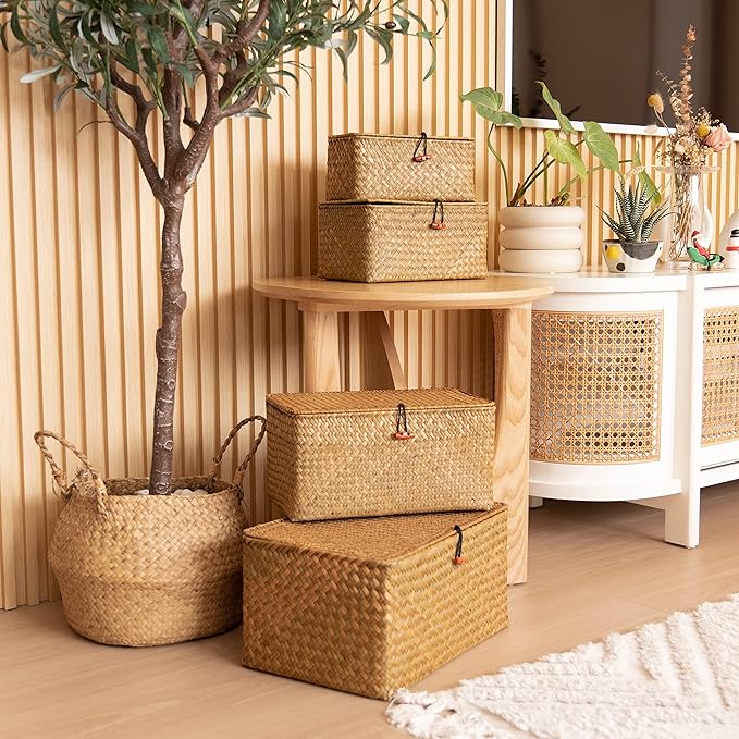 4 Pack, Wicker Baskets with Lids, Natural Seagrass Storage Baskets, Woven Rectangular Basket Bins, Rattan Storage Organizer for Shelf - Image 2