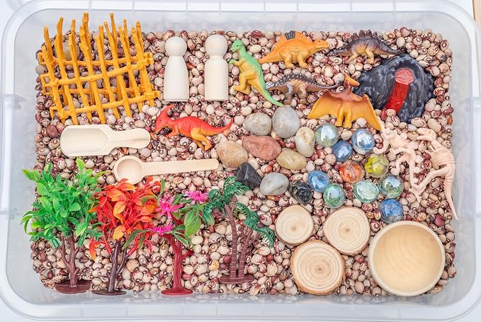 Dinosaur Sensory Bin Kit for Kids | Taste-Safe Pinto Beans, Fossil Skeletons, Trees, Volcano & Durable Wooden Tools – Includes Storage Bin - Image 2