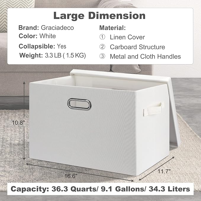Graciadeco Large 17" 36 Quart Collapsible Stackable Storage Bins with Lids, 5 Packs White Linen Fabric Closet Boxes with Lids, Storage Cube Baskets Container Organizers for Bedroom Office(17 x12 x11) | 36 Quart 5 Pack White Collapsible Stackable Linen ... - Image 2