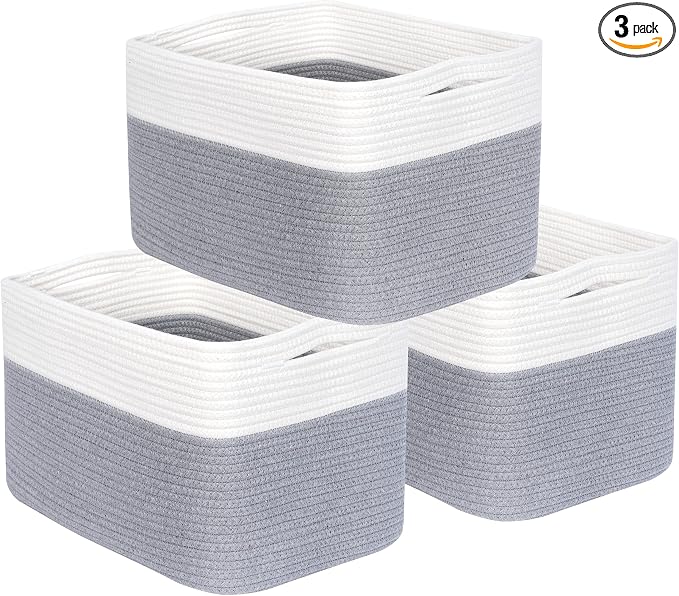 3-Pack Storage Baskets for Shelves, Playroom and Classroom, Book Basket, Decorative Storage Cube Bins, Woven Closet Organizers, Pantry and Shoe Organizer, Grey by MINTWOODDesign