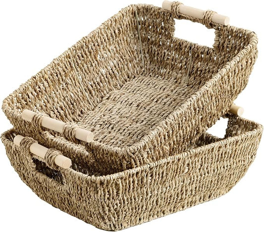 StorageWorks Seagrass Storage Baskets, Large Snack Baskets for Shelves | Wicker Storage Baskets for Shelves, Baskets with Wooden Handles, 2-Pack Gifts Basket for Home Decor, Hand-Woven Basket by StorageWorks