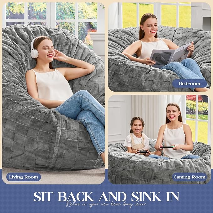 Hobestluk Adults Bean Bag Chair 4FT Big BeanBag Chair Extra Large Oversized | Memory Foam,Washable Cover,Unique Fluffy Plaid,Comfy Adult Bean Bag with Filler Gaming Reading Bedroom Living Room | Grey 4FT - Image 5