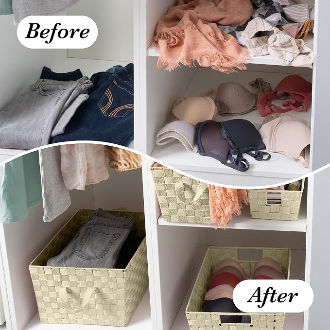 Simplify Small Shelf Woven Strap Tote | Decorative Storage Basket | Built in Handles | Organization | Closet | Bedroom | Bathroom | Nursery | Accessories | Toys | Gifts | 4 Pack | Ivory - Image 5