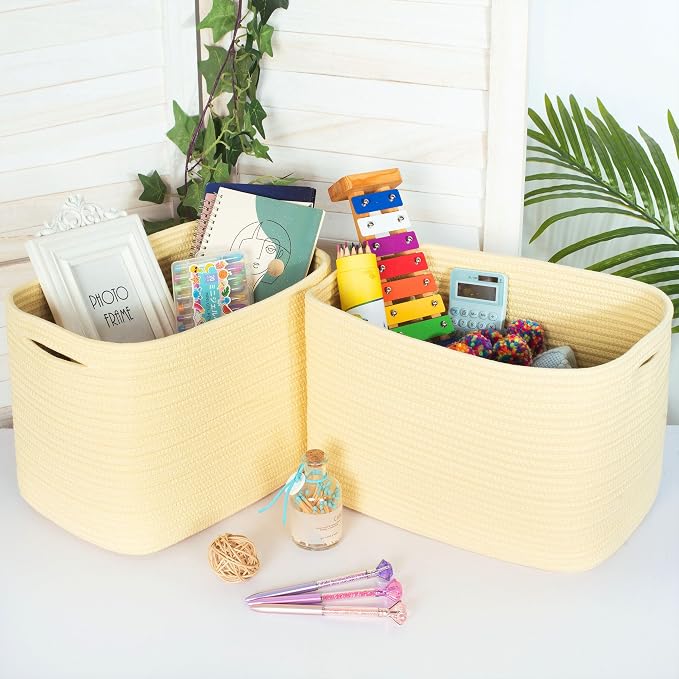 3-Pack Decorative Woven Storage Baskets for Shelves, Cube Bin Box for Organizing Books, Shoes, Dog Toys, Pantry Closet and Living Room Organizer, Yellow - Image 3
