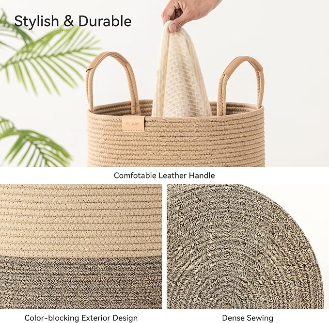 Nunsino 62L Striped Laundry Hamper with Leather Handles,Large Foldable Laundry Basket for Clothes,Cotton Rope Storage Bin for Blankets,Woven Clothes Basket for Bedroom,Dark Brown Stripes - Image 6
