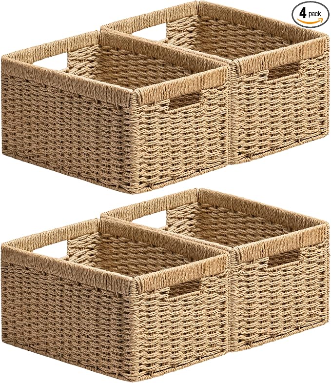 UBBCARE 4 Pack Wicker Basket, 13.4L×8.3H×7.1W inch Woven Paper Rope Storage Baskets for Shelves, Foldable Rectangular Storage Baskets with Handle, Storage Basket for Organizing, Natural by UBBCARE