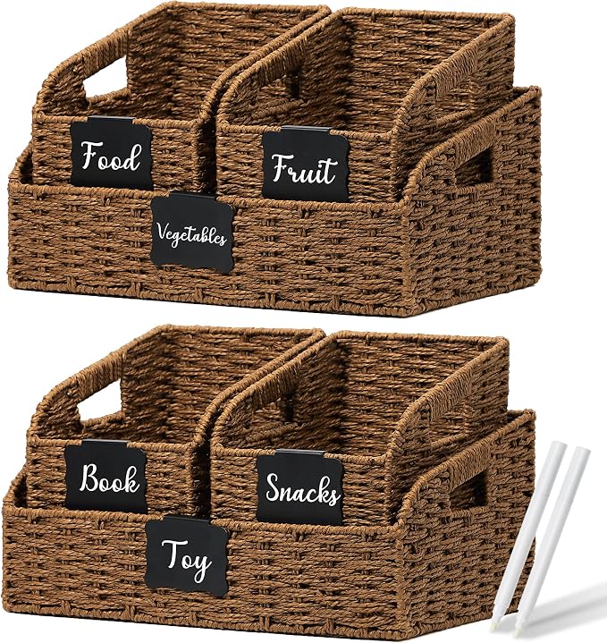 Wicker Baskets for Organizing, Pantry Baskets with Built-in Handles, Handwoven Large Storage Basket - Paper Storage Bins for Shelves, 3 Pack, Brown - 2 Set by Unknown